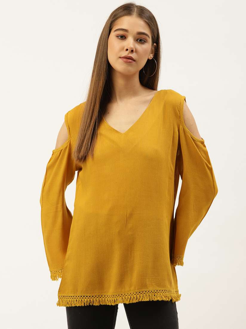 mustard yellow cold shoulder top