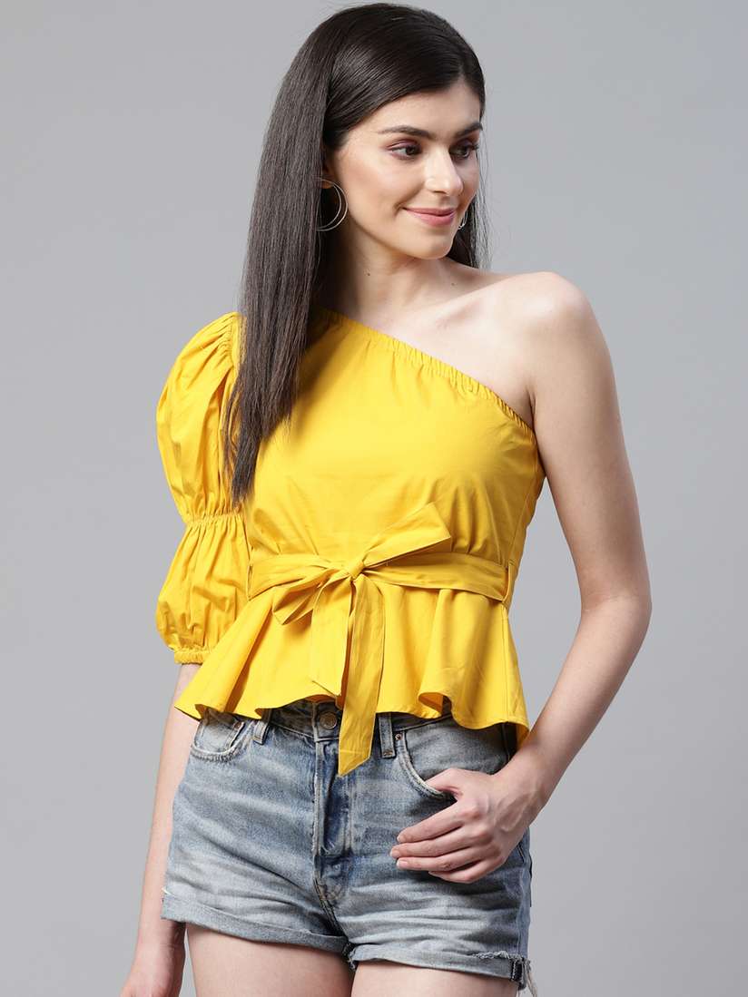 Buy STREET 9 Yellow One Shoulder Cinched Waist Pure Cotton Top Tops for Women 11677820 Myntra