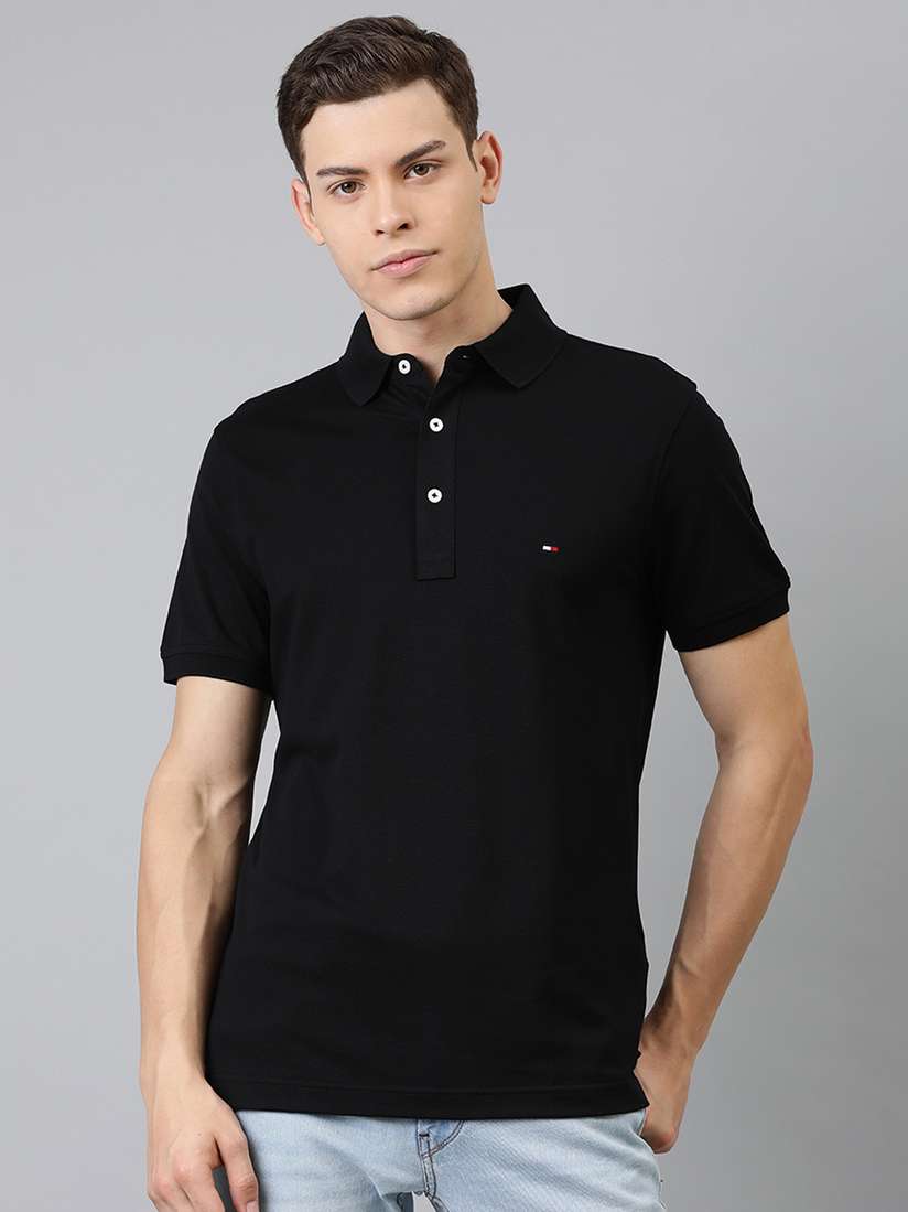 Tommy Hilfiger Men Black Solid Polo Collar Pure Cotton T-shirt