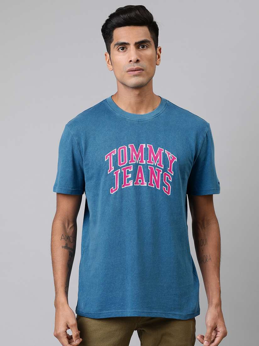 Buy Tommy Hilfiger Men Blue Printed Round Neck Pure Cotton T-shirt
