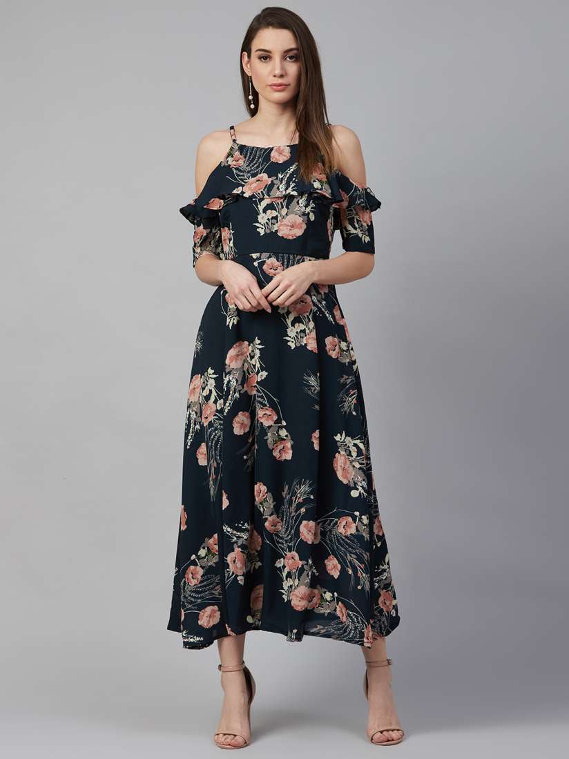 Buy plusS Women Navy Blue Peach Coloured Floral Print Maxi Dress Dresses for Women 11728274 Myntra