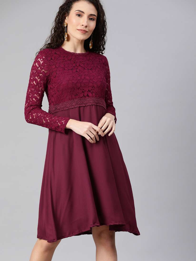 Buy HERE NOW Women Maroon Self Design Fit and Flare Lace Dress Dresses for Women 11761678 Myntra