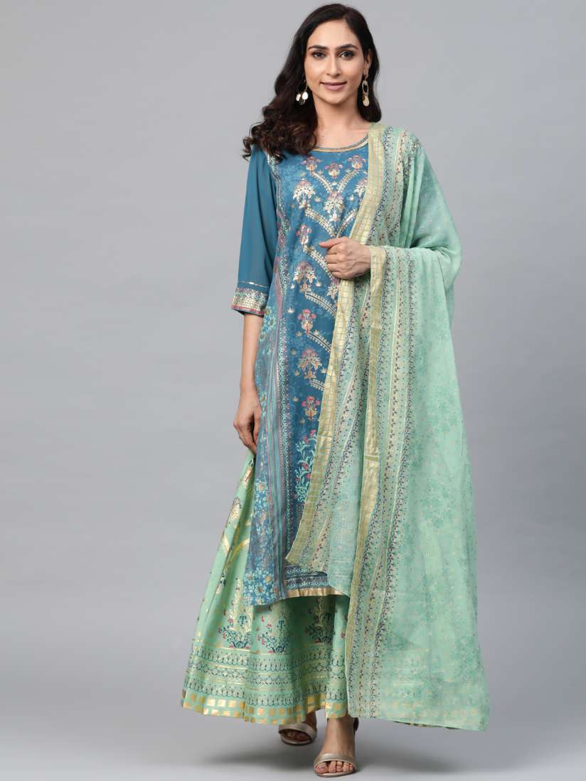 Buy AURELIA Women Teal Blue Green Printed Layered Kurta with Skirt Dupatta Kurta Sets for Women 11807420 Myntra