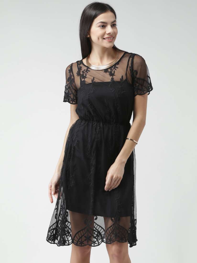 Buy FOREVER 21 Black Embroidered Sheer Fit Flare Dress Dresses for Women 1185575 Myntra
