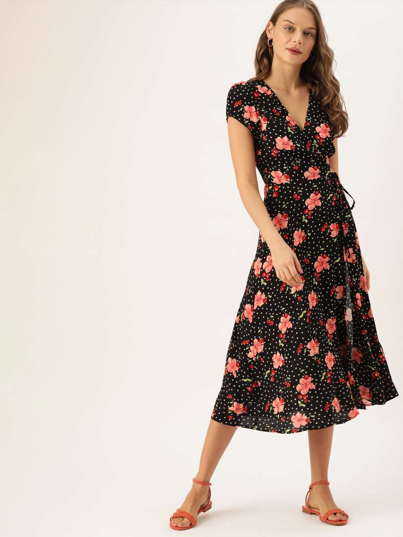 Buy FOREVER 21 Women Black Floral Printed Wrap Dress Dresses for