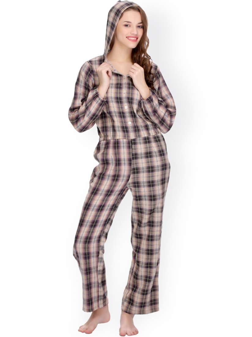 Buy Clovia Beige Purple Checked Jumpsuit Night Suit NS0536P15 Night suits for Women 1186489 Myntra