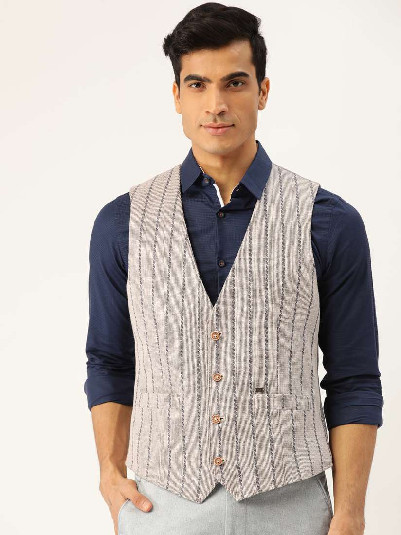 Buy Blackberrys Men Beige Blue Self Striped Slim Fit Smart Casual Waistcoat Waistcoat for Men 11871588 Myntra