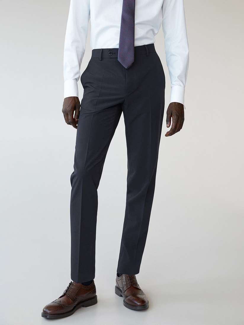 Buy MANGO MAN Navy Blue Slim Tailored Fit Solid Formal Trousers