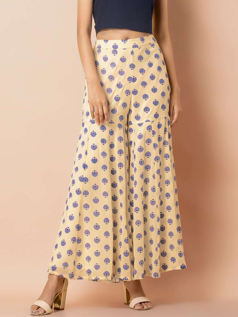 Buy INDYA Women Cream Coloured and Navy Blue Printed Flared Sharara Pants Palazzos for Women 11898458 Myntra