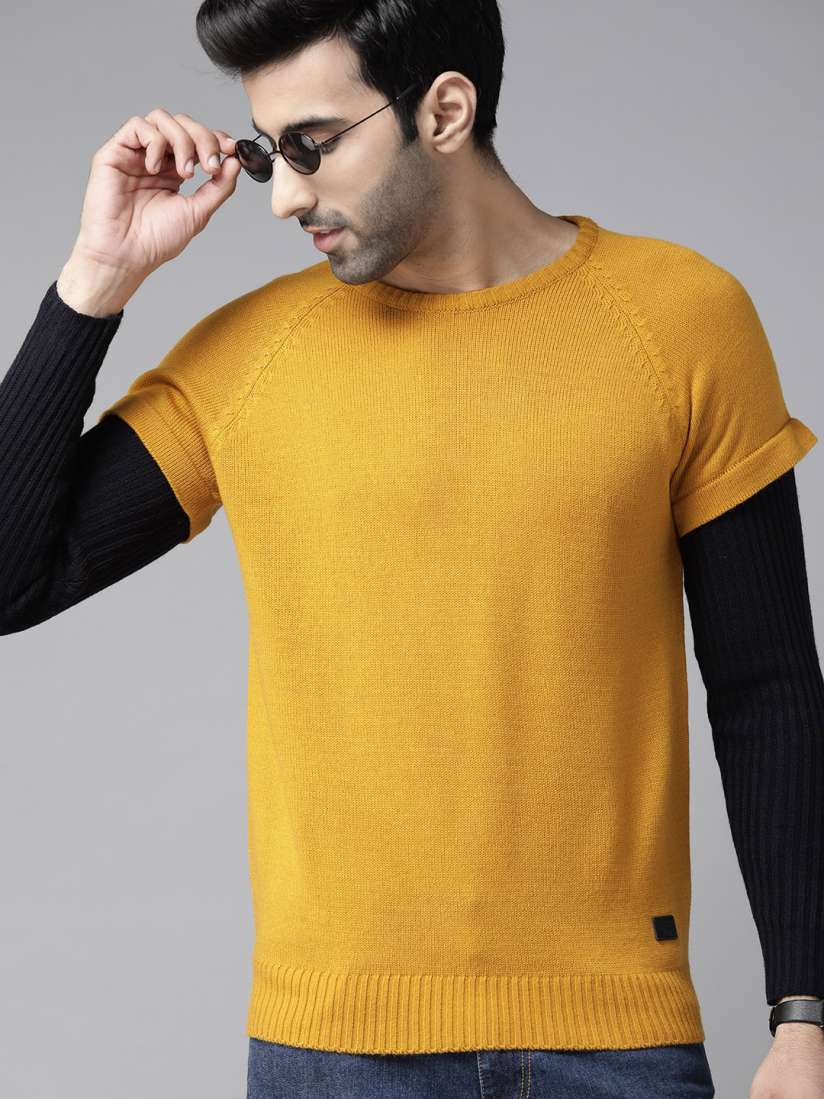 Buy Roadster Men Mustard Yellow Solid Acrylic Sweater Sweaters for Men 11955358 Myntra