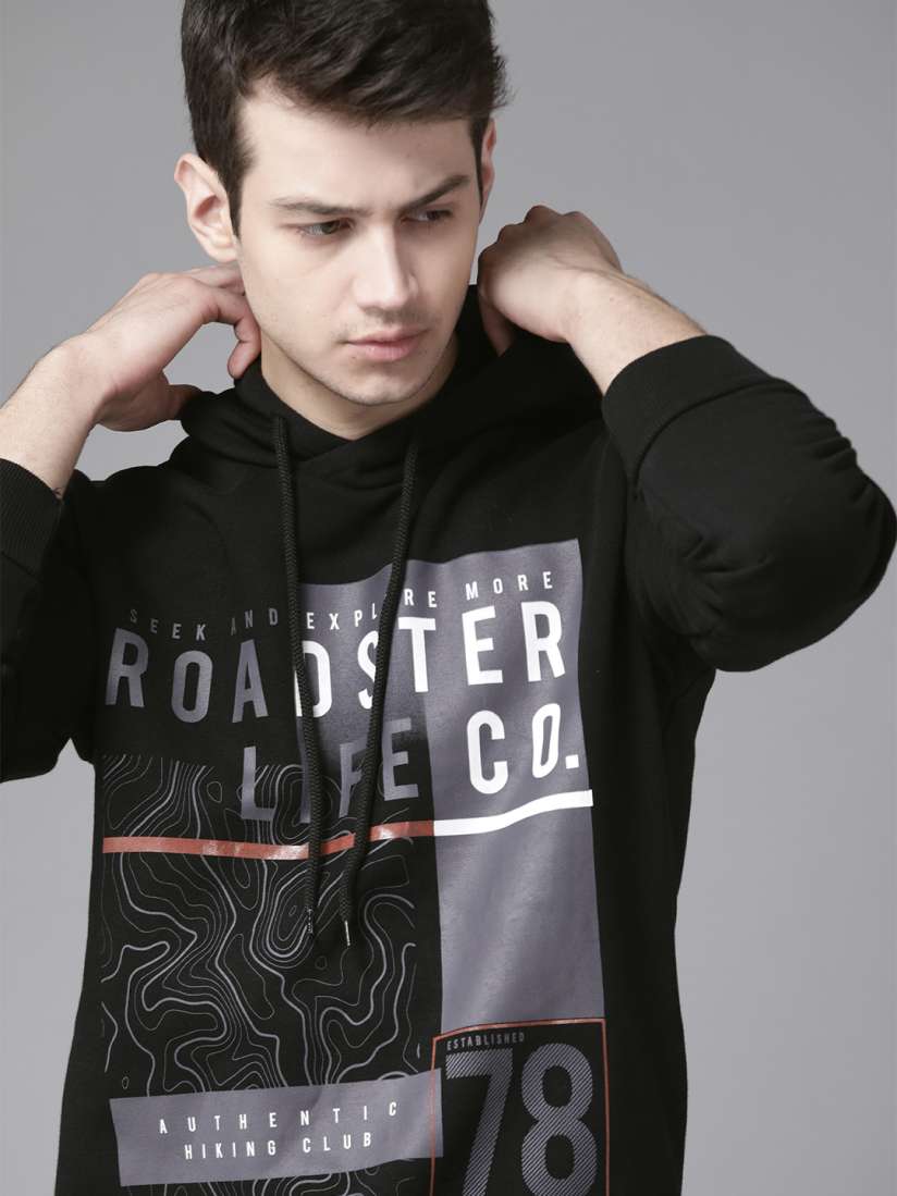 Buy Roadster Men Black Grey Brand Logo Printed Hooded Sweatshirt Sweatshirts for Men 11957036 Myntra