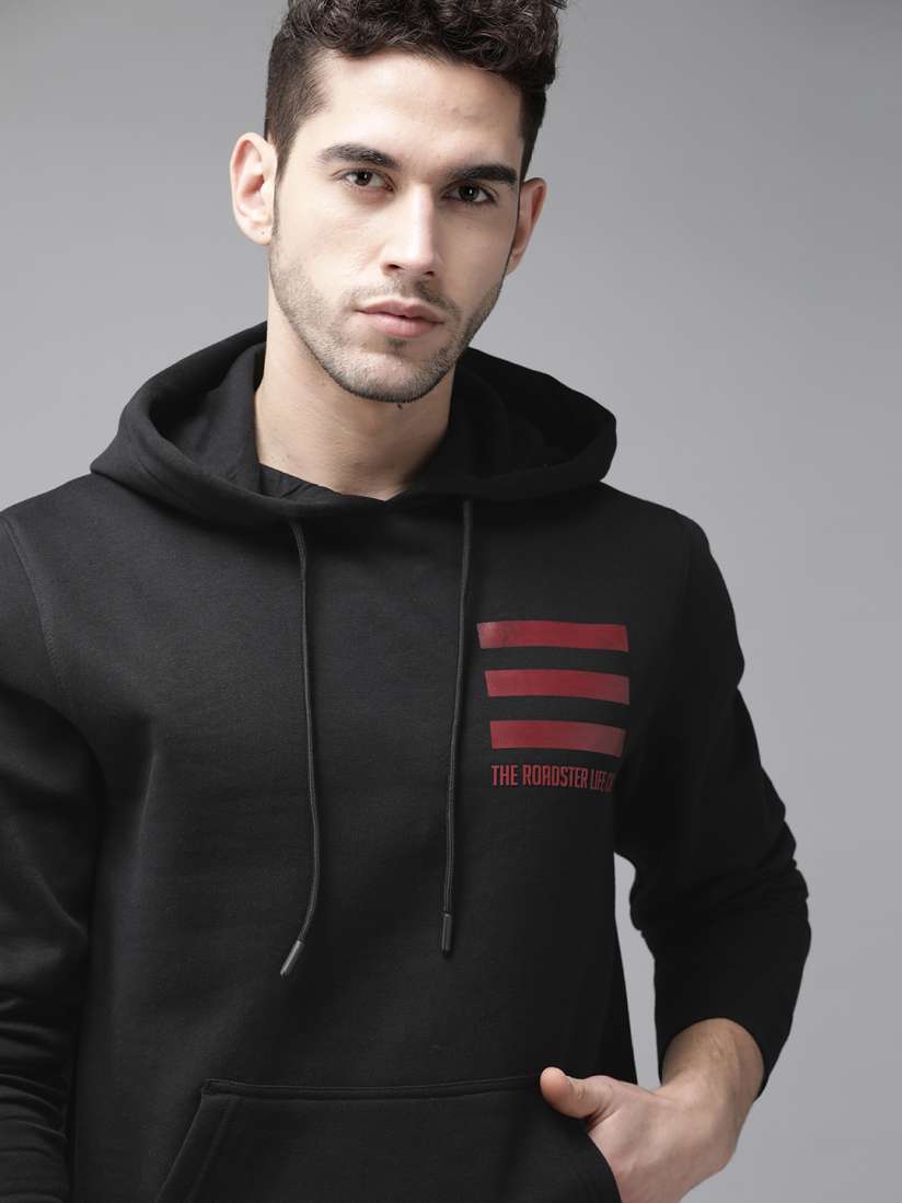 Buy Roadster Men Black Solid Hooded Sweatshirt with Printed Detail Sweatshirts for Men 11959104 Myntra