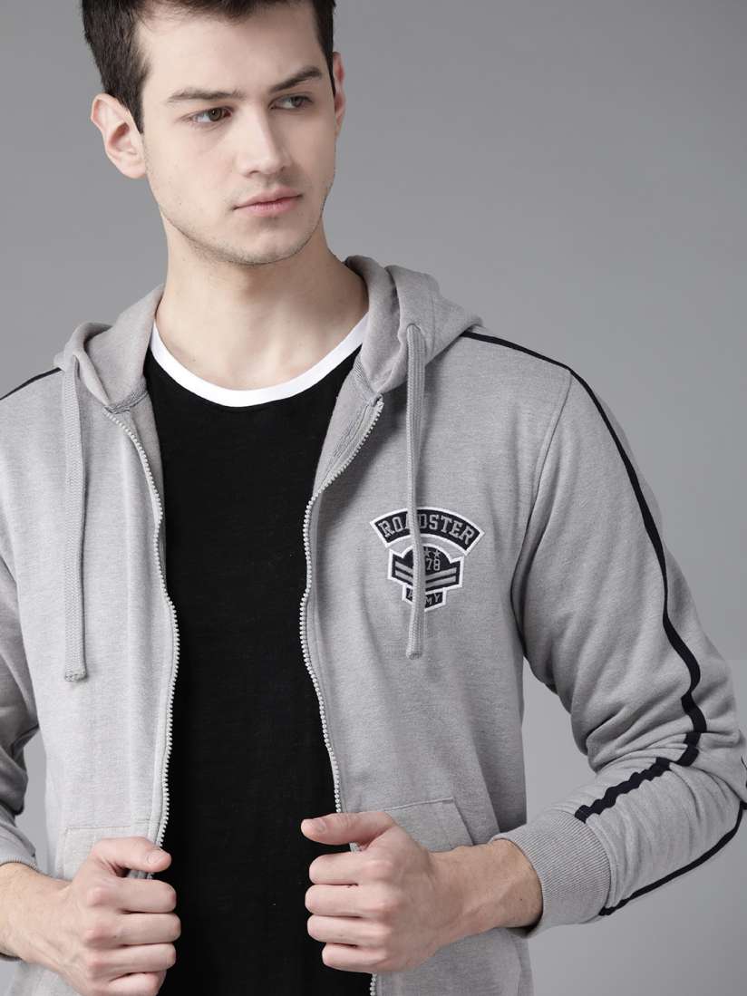 Buy Roadster Men Grey Melange Solid Hooded Sweatshirt with Applique Side Stripe Detail Sweatshirts for Men 11967166 Myntra