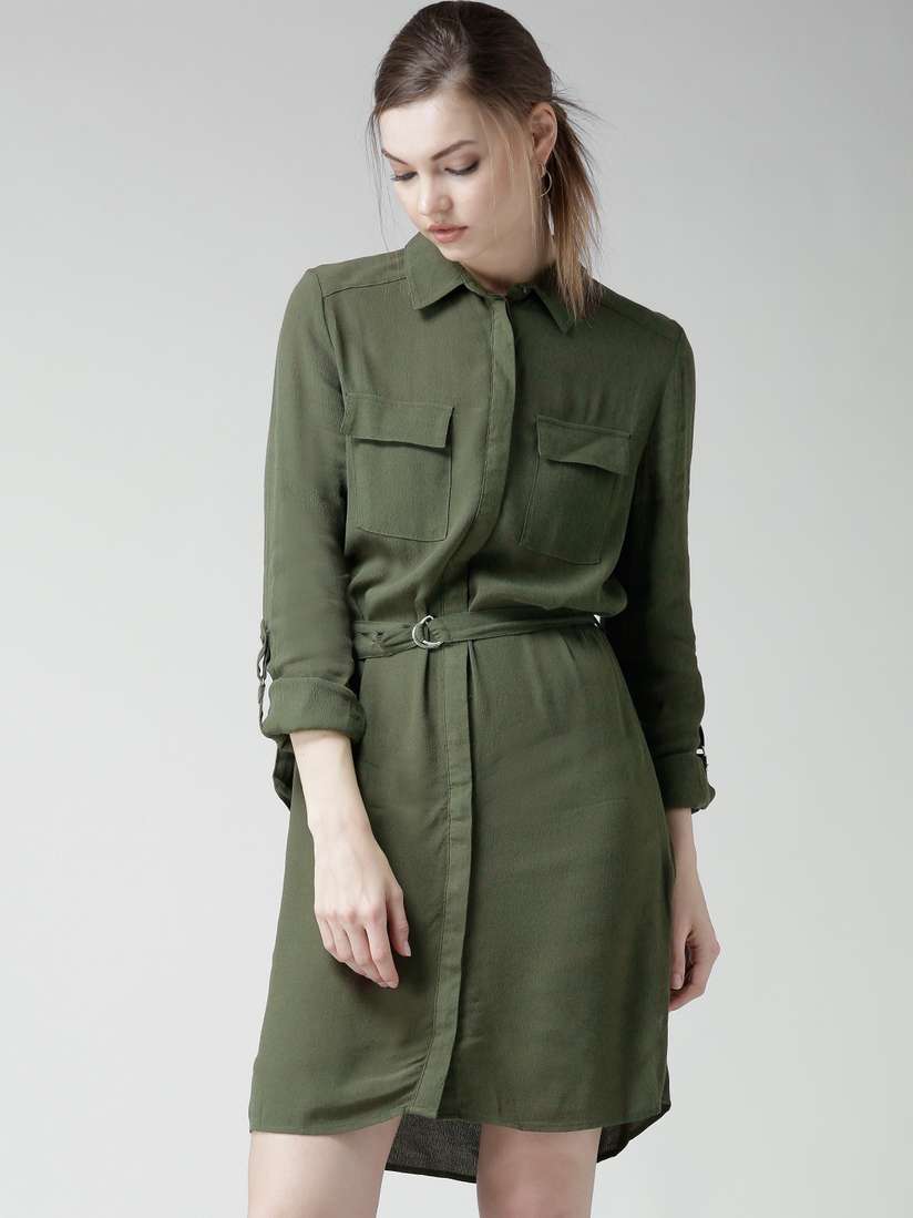 18435 Olive Green Belted Shirt Dress
