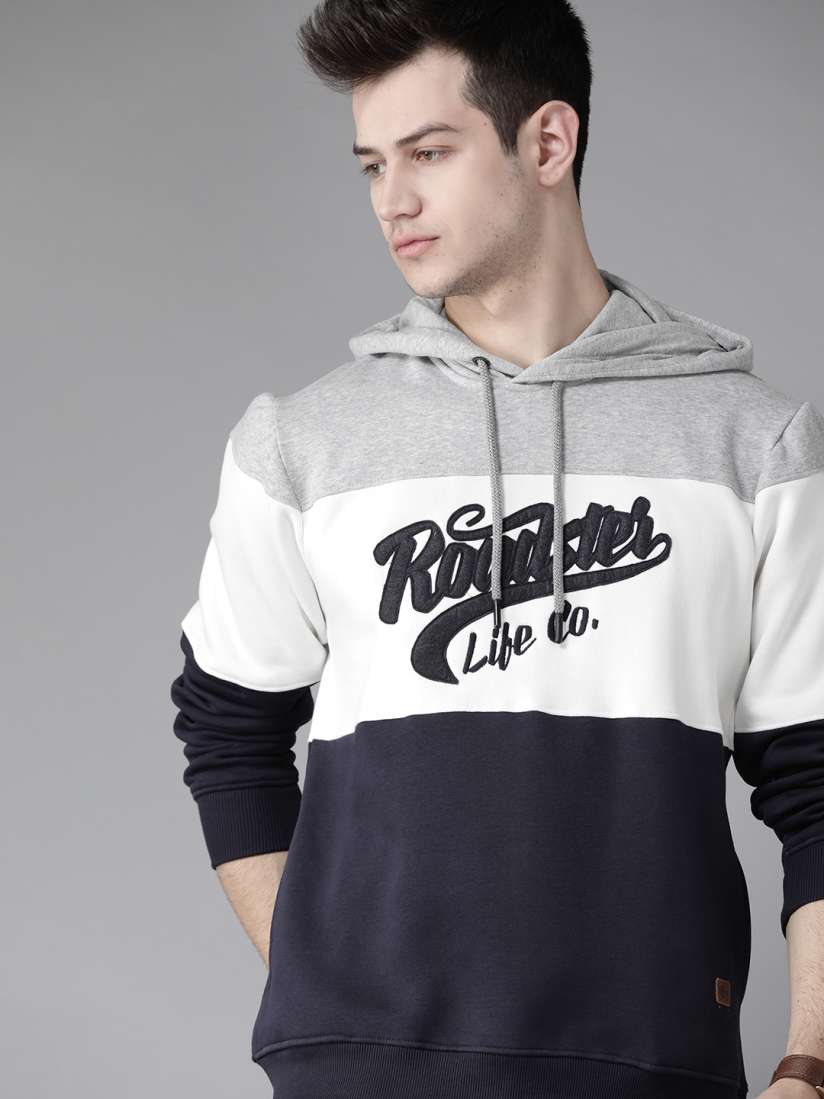 Buy Roadster Men Navy Blue White Colourblocked Hooded Sweatshirt Sweatshirts for Men 11969812 Myntra