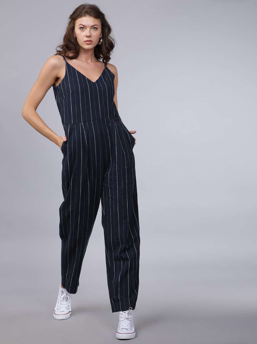Buy Tokyo Talkies Women Navy Blue White Striped Basic Jumpsuit