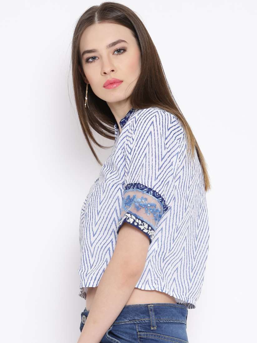 Buy BIBA White Blue Printed Crop Top Tops for Women 1197855 Myntra