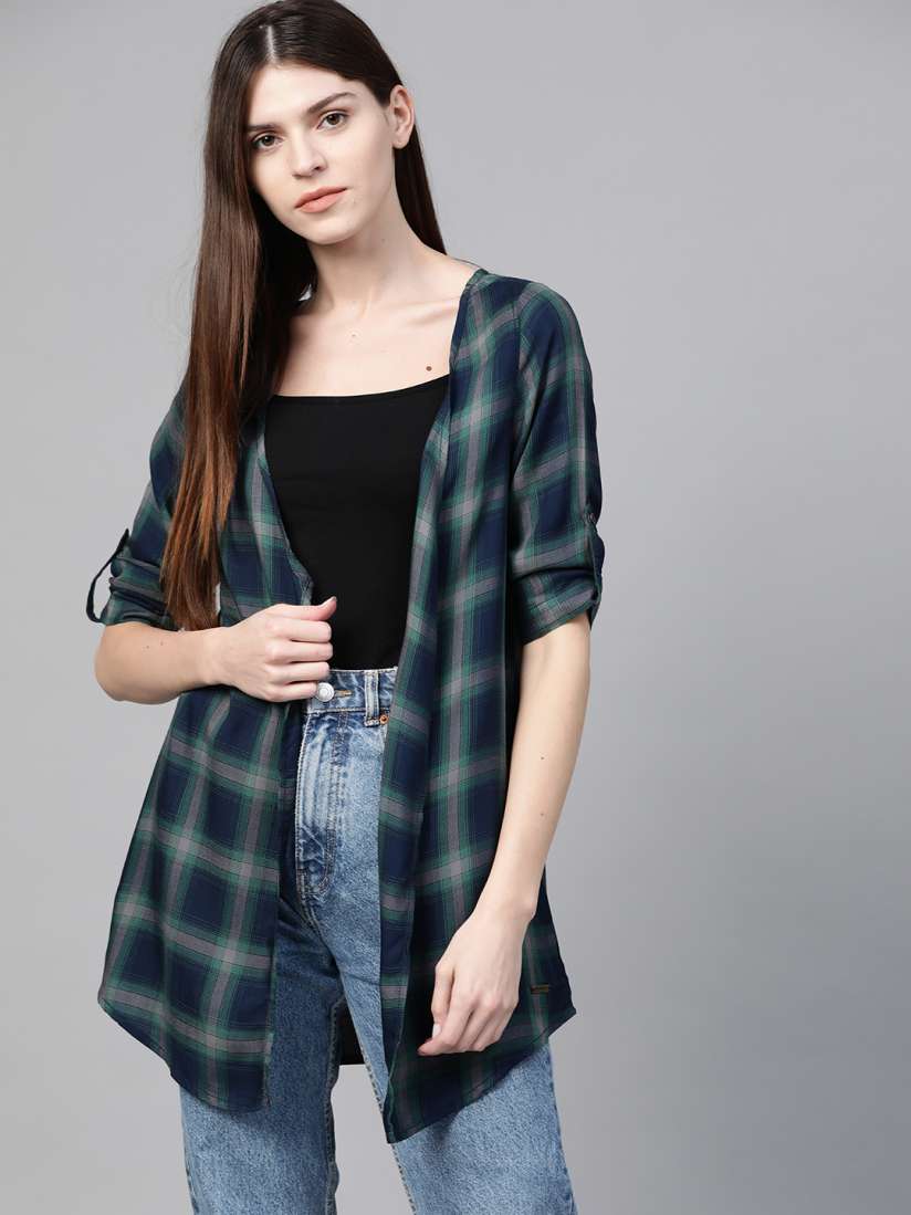 Buy Roadster Women Navy Blue Green Checked Open Front Shrug Shrug for Women 11987092 Myntra