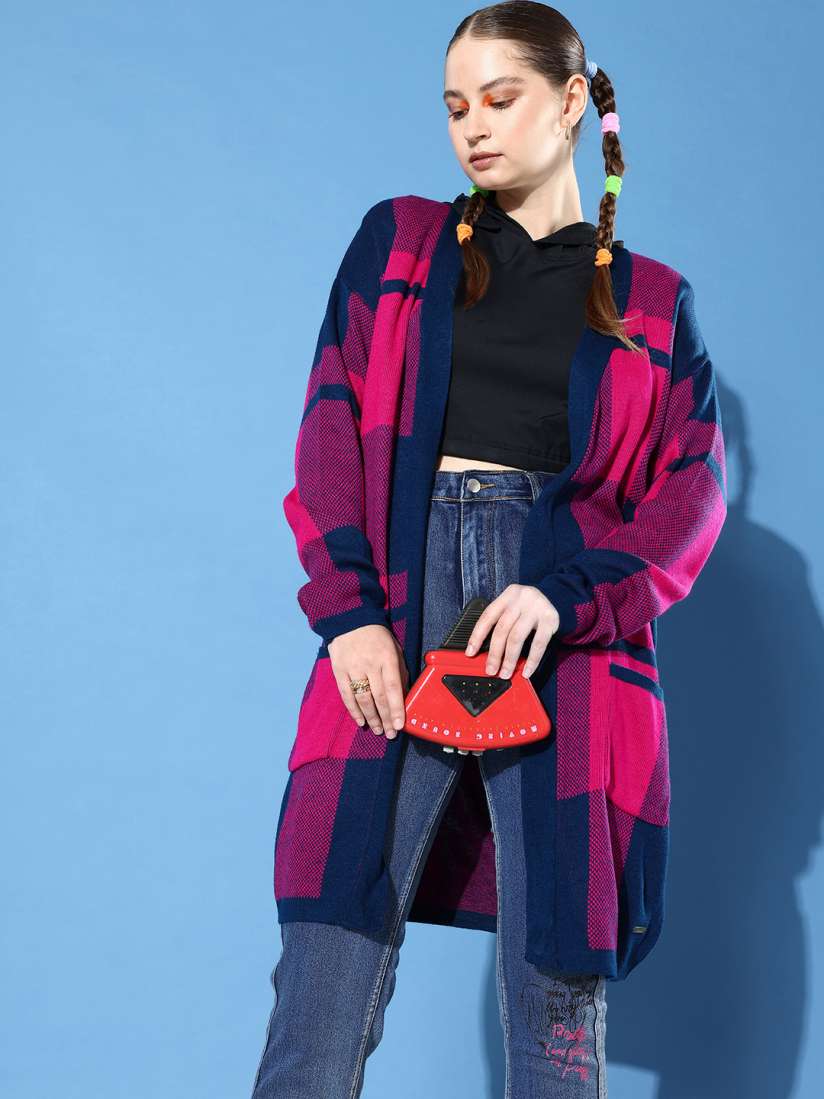 Buy Roadster Women Navy Blue Pink Self Checked Longline Front Open Sweater Sweaters for Women 11990734 Myntra