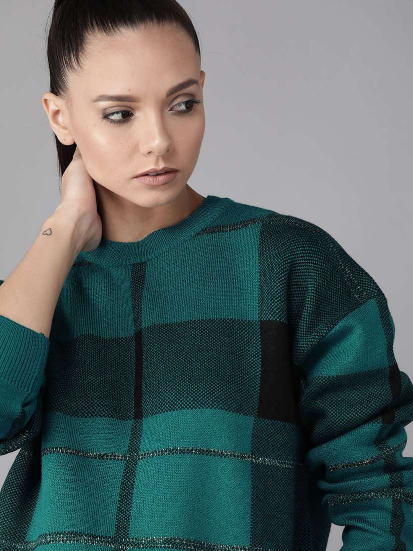 Buy Roadster Women Green Black Self Checked Sweater Sweaters for Women 11990744 Myntra