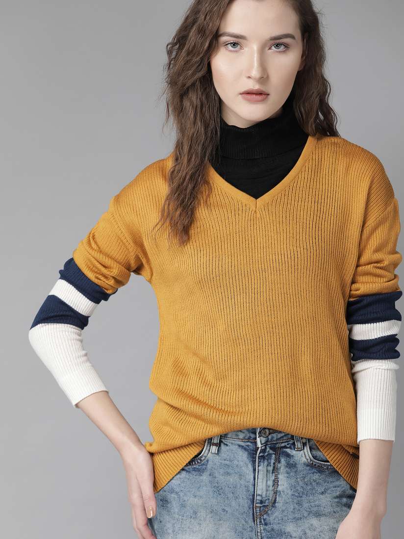 Buy Roadster Women Mustard Yellow Ribbed Semi-Sheer Acrylic