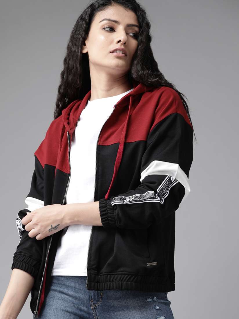 Buy Roadster Women Black Maroon Colourblocked Hooded Sweatshirt Sweatshirts for Women 11991354 Myntra