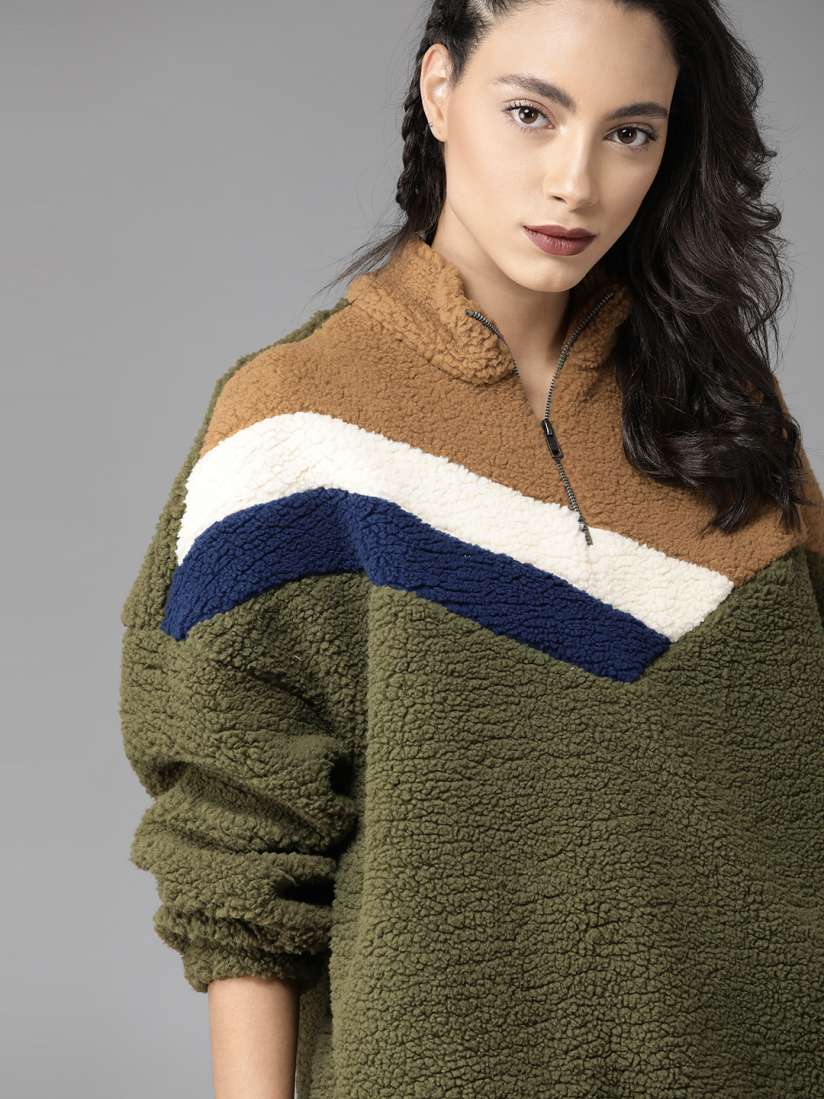 Buy Roadster Women Olive Green Beige Colourblocked Sherpa Sweatshirt Sweatshirts for Women 11991492 Myntra