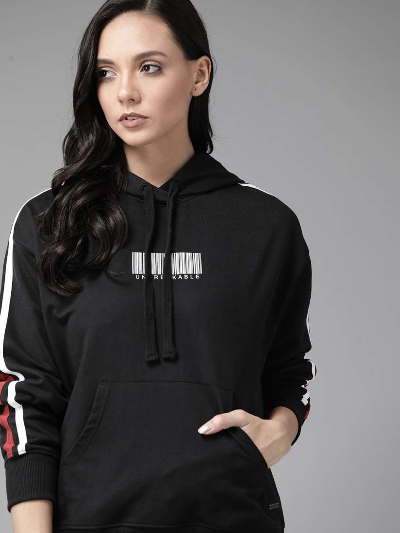 Buy Roadster Women Black Printed Detail Hooded Sweatshirt Sweatshirts for Women 11991508 Myntra
