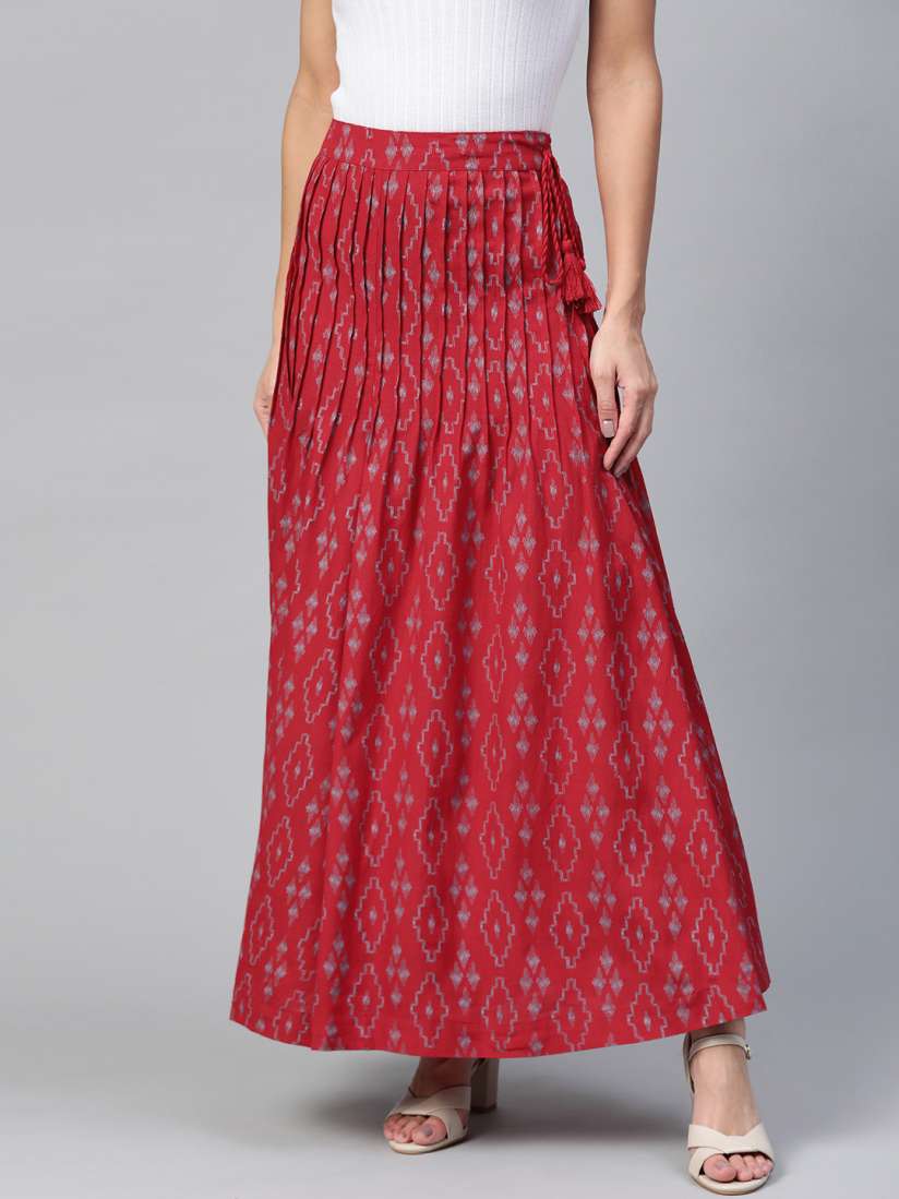 Buy HERE NOW Women Red Grey Pintucks Printed Flared Maxi Skirt Skirts for Women 12010642 Myntra