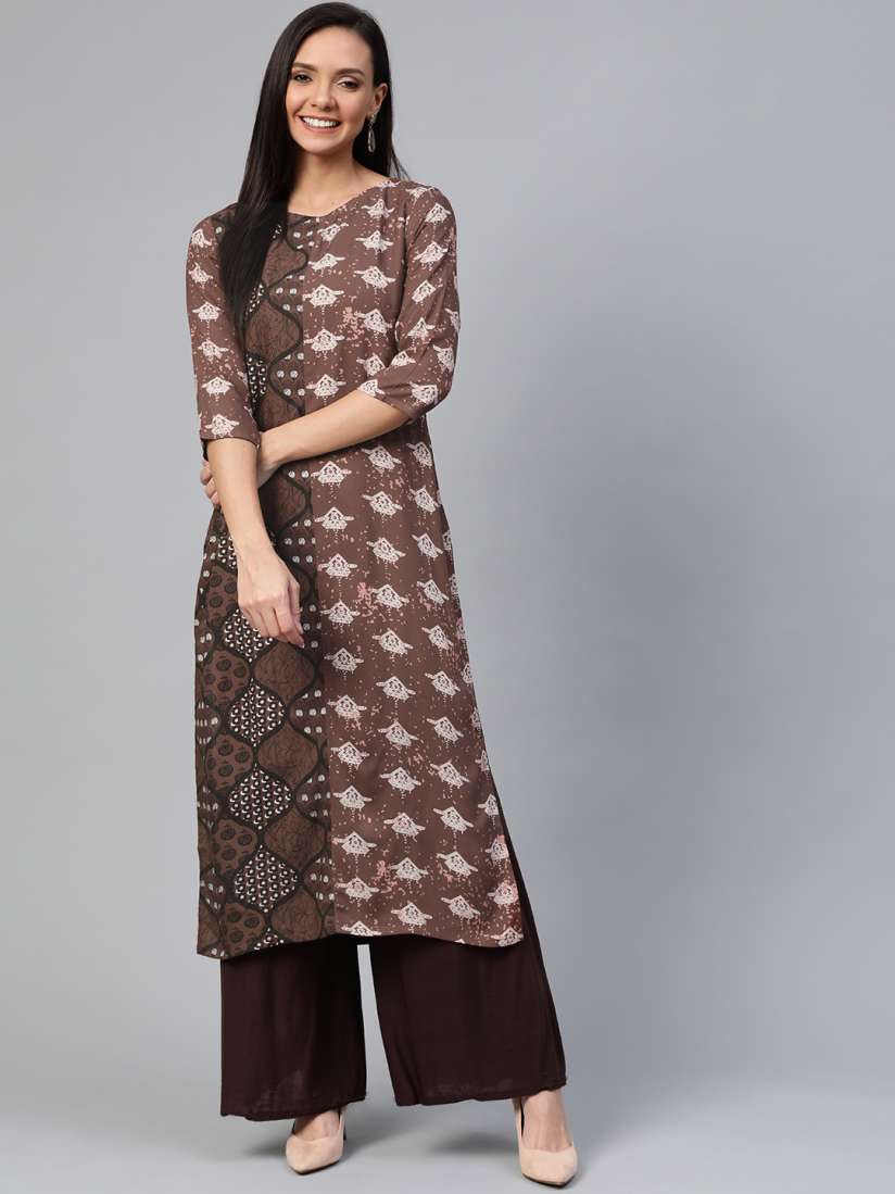 Buy HERE NOW Women Brown Beige Printed Straight Kurta Kurtas for Women 12010836 Myntra