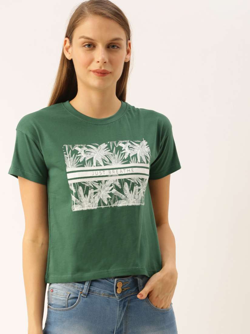 Buy Lee Cooper Women Green Tropical Printed Round Neck Pure Cotton T shirt Tshirts for Women 12014194 Myntra