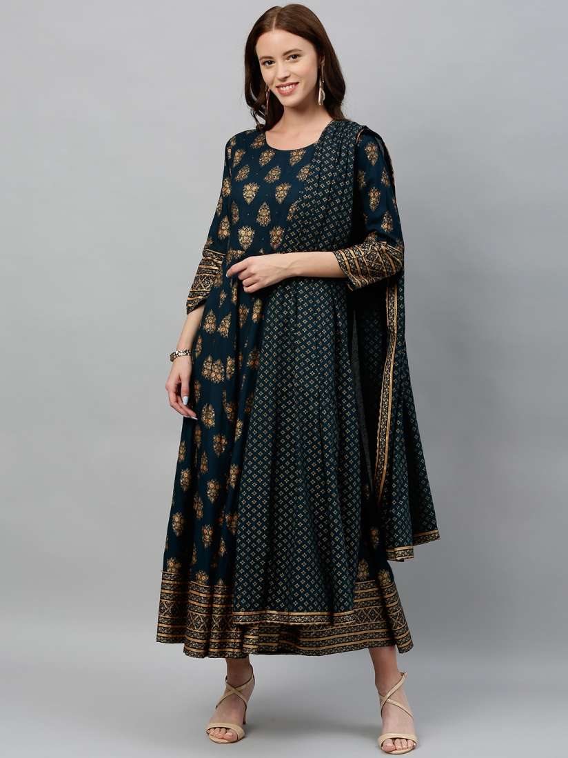 Buy kipek Women Teal Blue Golden Printed Anarkali Kurta with Dupatta Kurtas for Women 12015554 Myntra