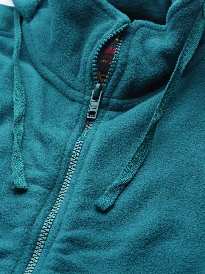Buy Roadster Men Teal Blue Solid Sleeveless Hooded Fleece Jacket 