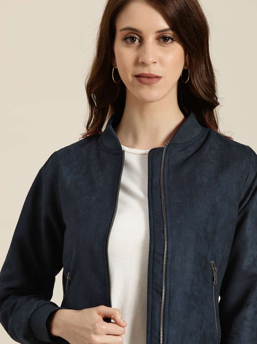 Navy blue suede bomber jacket store