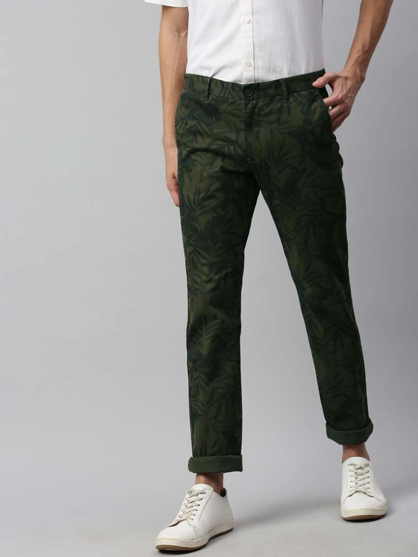 Buy Indian Terrain Men Green Brooklyn Slim Fit Floral Printed Chinos Trousers for Men 12054896 Myntra
