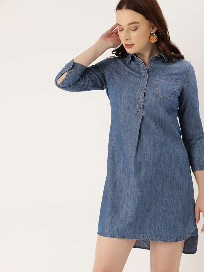 Buy Lee Cooper Women Blue Solid High Low Denim Shirt Dress Dresses for Women 12065402 Myntra