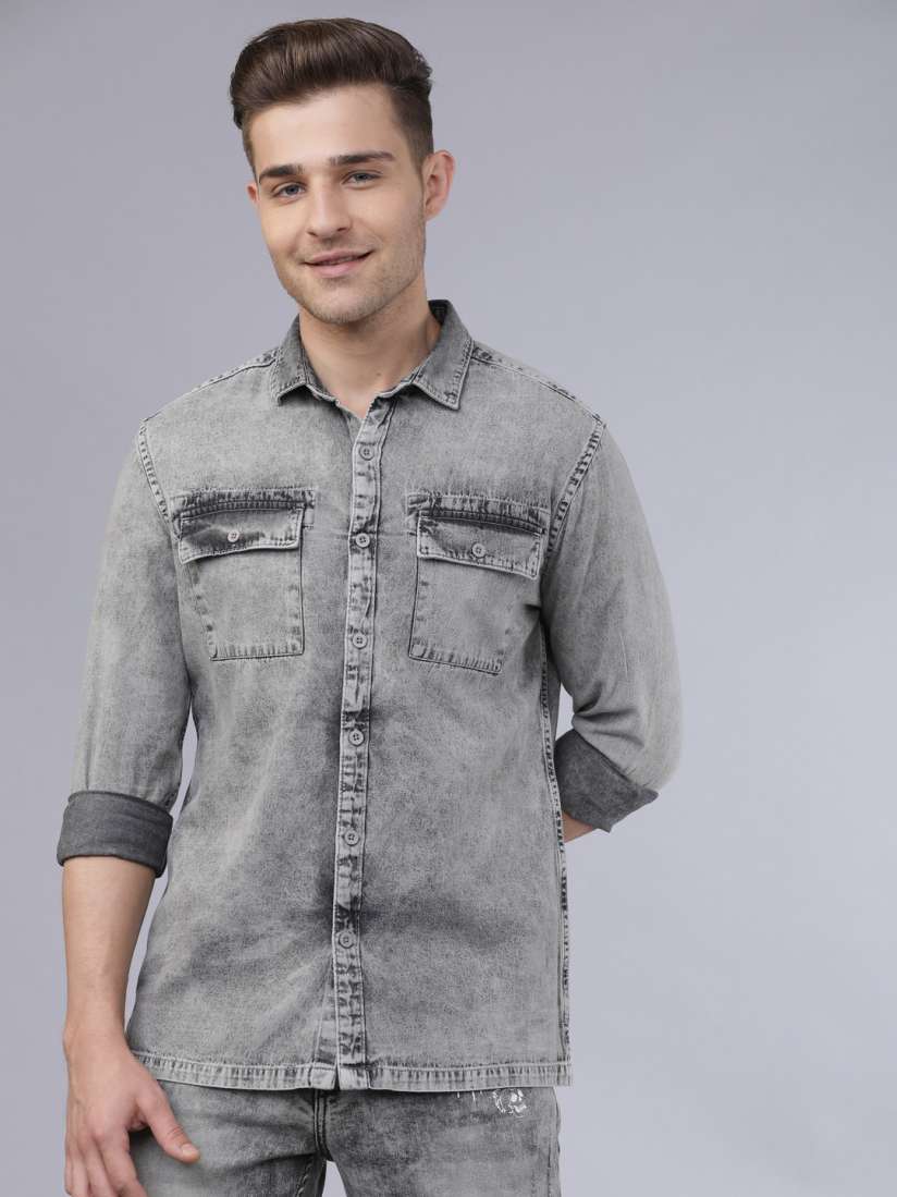 Buy HIGHLANDER Men Grey Slim Fit Faded Denim Casual Shirt Shirts for Men 12085984 Myntra
