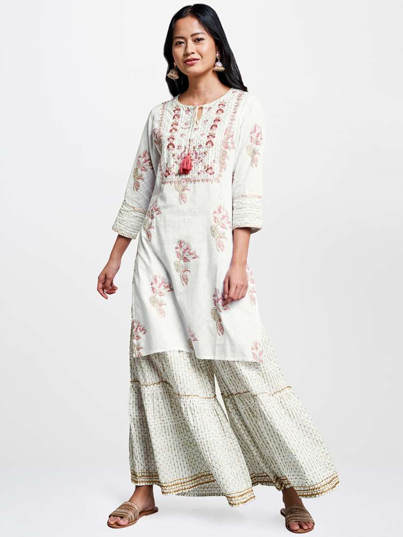 Buy Global Desi Women Off White Pink Printed Kurta with Sharara Kurta Sets for Women 12092562 Myntra
