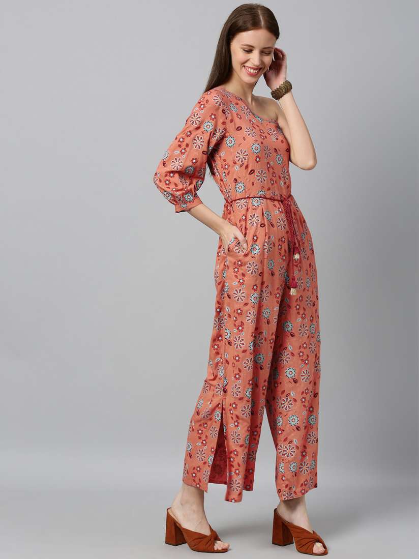Buy Global Desi Women Coral Orange Turquoise Blue Printed One Shoulder Basic Jumpsuit Jumpsuit for Women 12092572 Myntra