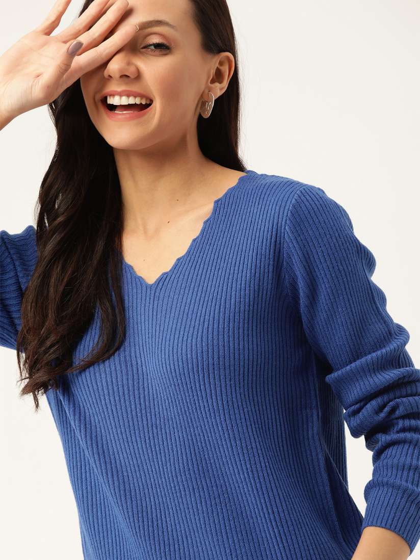 Buy DressBerry Women Blue Ribbed Pullover Sweaters for Women 12098684 Myntra