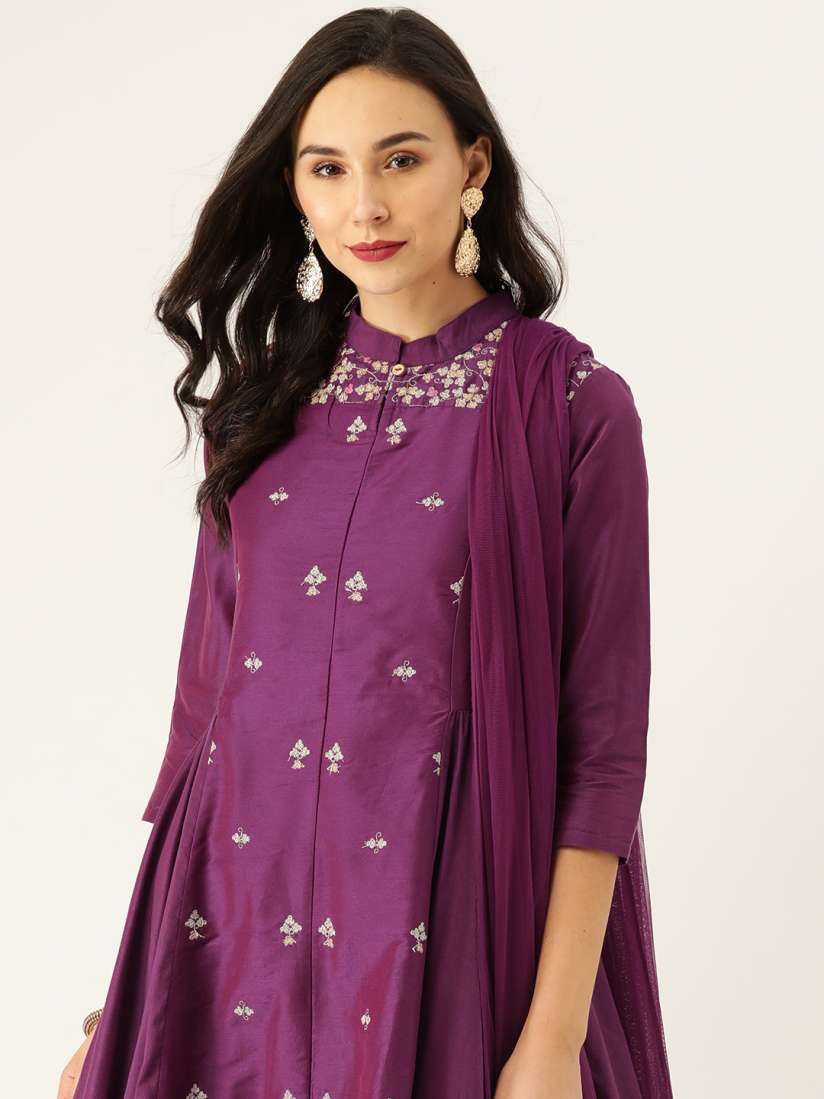 Buy Women Purple Floral Zari Embroidered Anarkali Kurta Palazzo Dupatta Set Kurta Sets for Women 12104794 Myntra