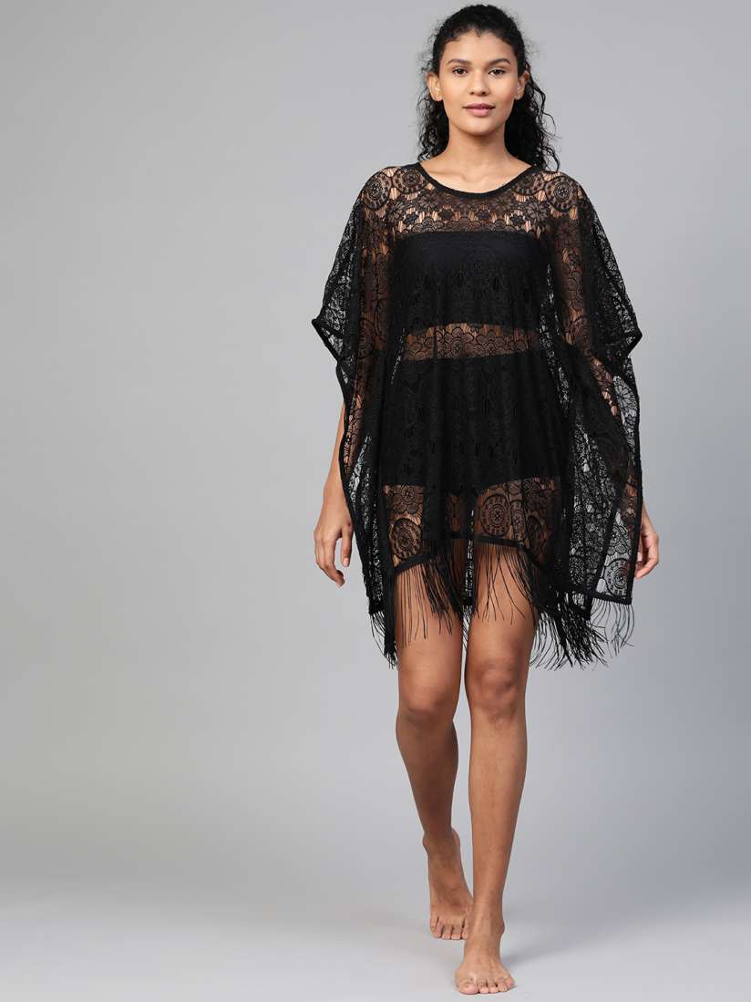 Buy Marks Spencer Women Black Lace Self Design Cover Up Fringed Swim Dress Swimwear Cover up Top for Women 12133668 Myntra