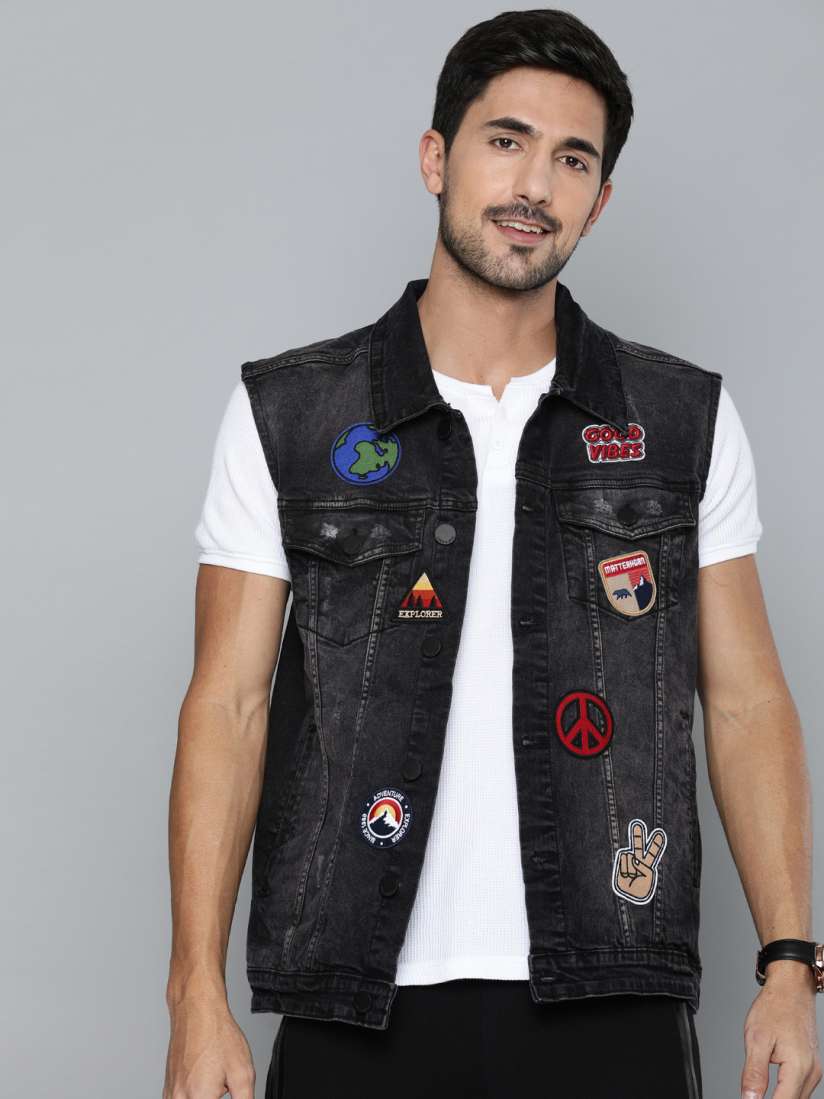 Buy HERE NOW Men Black Washed Denim Sleeveless Jacket Jackets for Men 12143136 Myntra