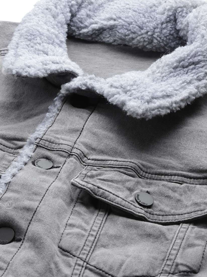 Faux fur hooded button men's denim jacket top