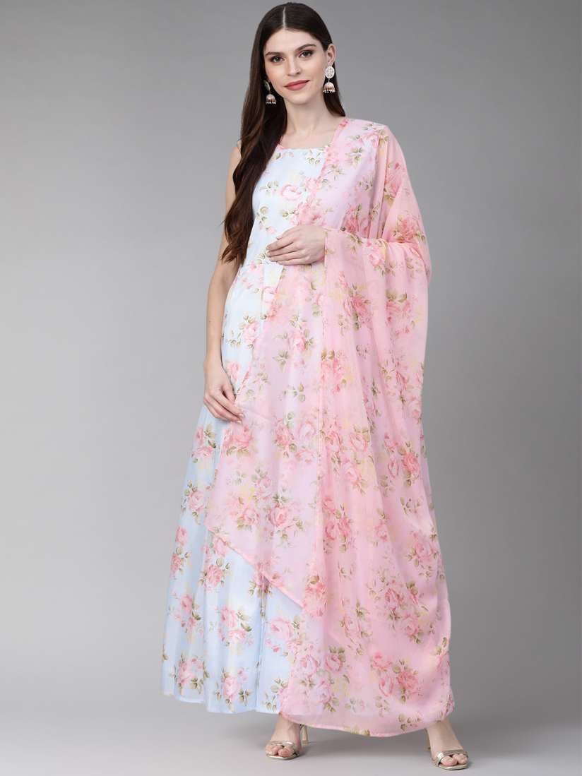 Buy Ahalyaa Women Blue Pink Floral Printed Anarkali Dress with Dupatta Ethnic Dresses for Women 12160454 Myntra