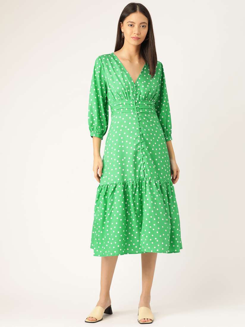 Buy ANVI Be Yourself Women Green White Polka Dots Printed Empire