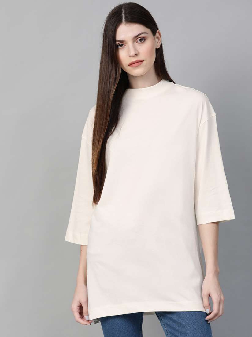Buy Roadster Women Off White Solid High Neck Oversized Longline T shirt Tshirts for Women 12193194 Myntra