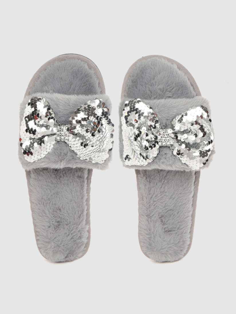Buy DressBerry Women Grey Silver Toned Sequinned Faux Fur Room Slippers Flip Flops for Women 12218426 Myntra