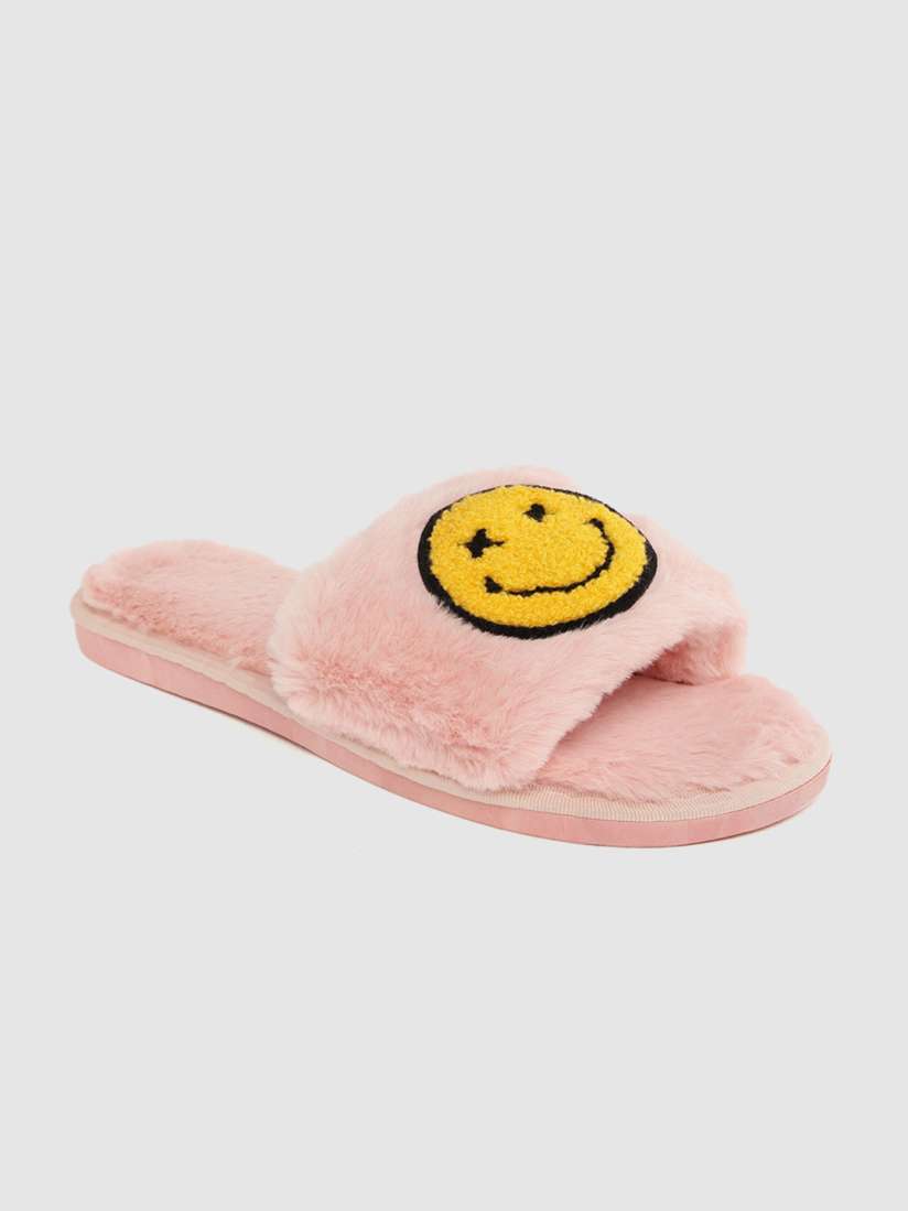 Buy DressBerry Women Pink Yellow Emoji Applique Faux Fur Room Slippers Flip Flops for Women 12218450 Myntra