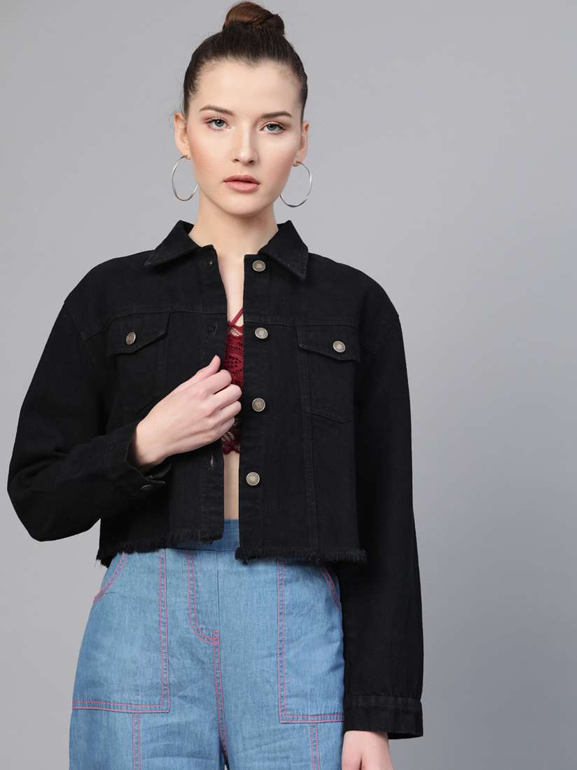 Buy SASSAFRAS Women Black Solid Fringed Hem Denim Jacket Jackets for Women 12221916 Myntra